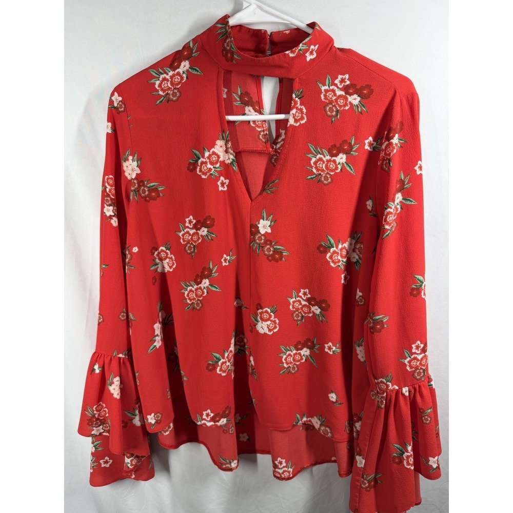 Atmosphere Red Floral Choker Neck Blouse Size 6 Bell Sleeve Cut Out Boho Top